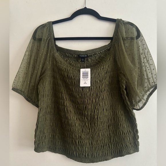 Torrid Smocked Blouse with Sheer Polka Dot Sleeves NWT never worn - Picture 2 of 5